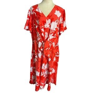 Lane Bryant Coral Floral Tie Knot Waist Midi Lined Short Sleeves Dress Size 20